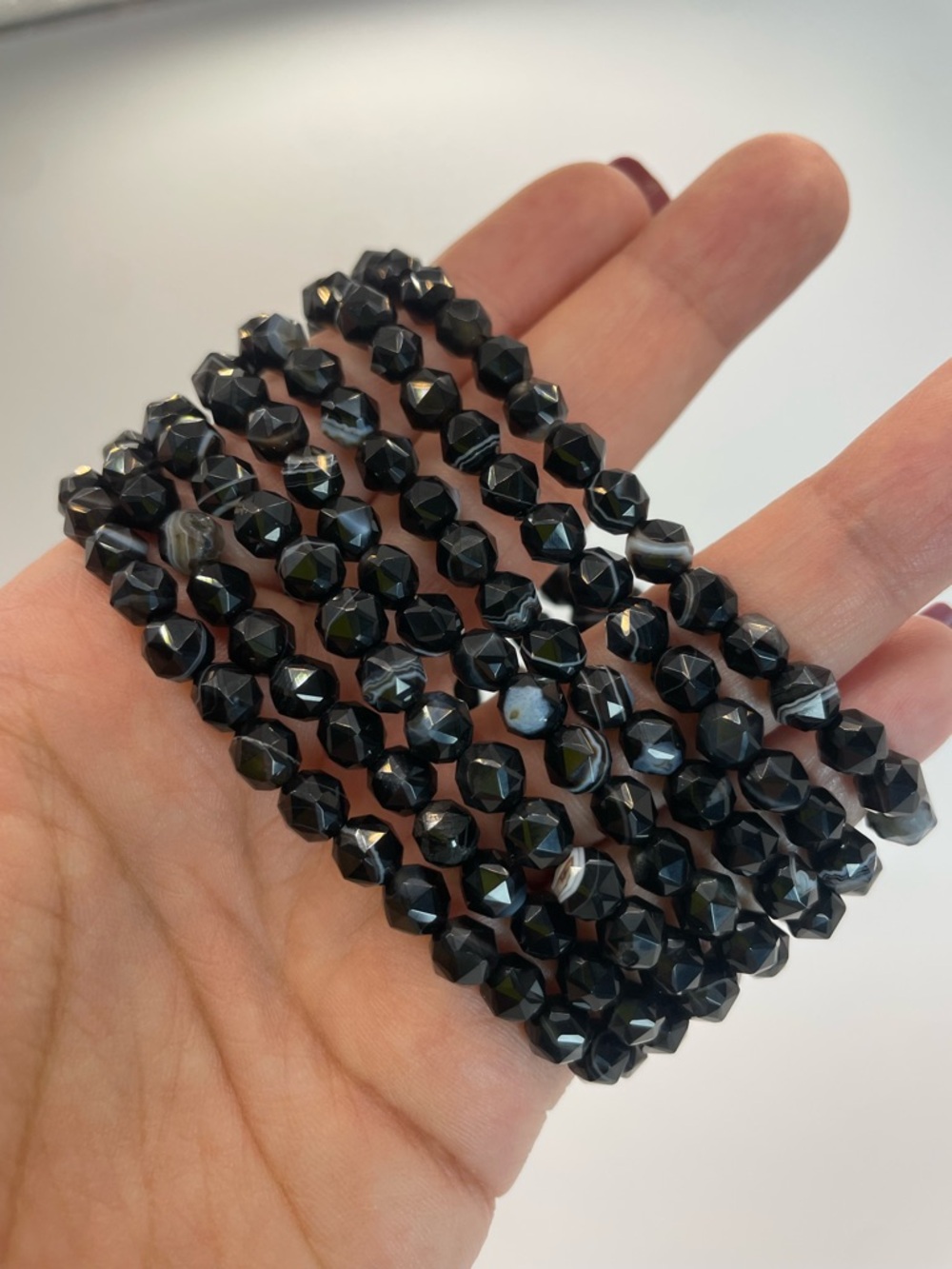 ONE Black Faceted Star Cut Banded Agate Bead Stretch Bracelet - 5mm (0079)